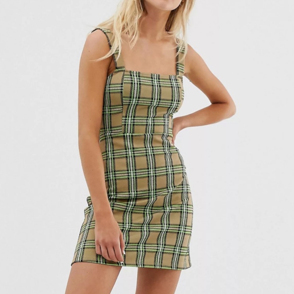 Pull&Bear Knit Dress | Square Neck | Neon Check Print